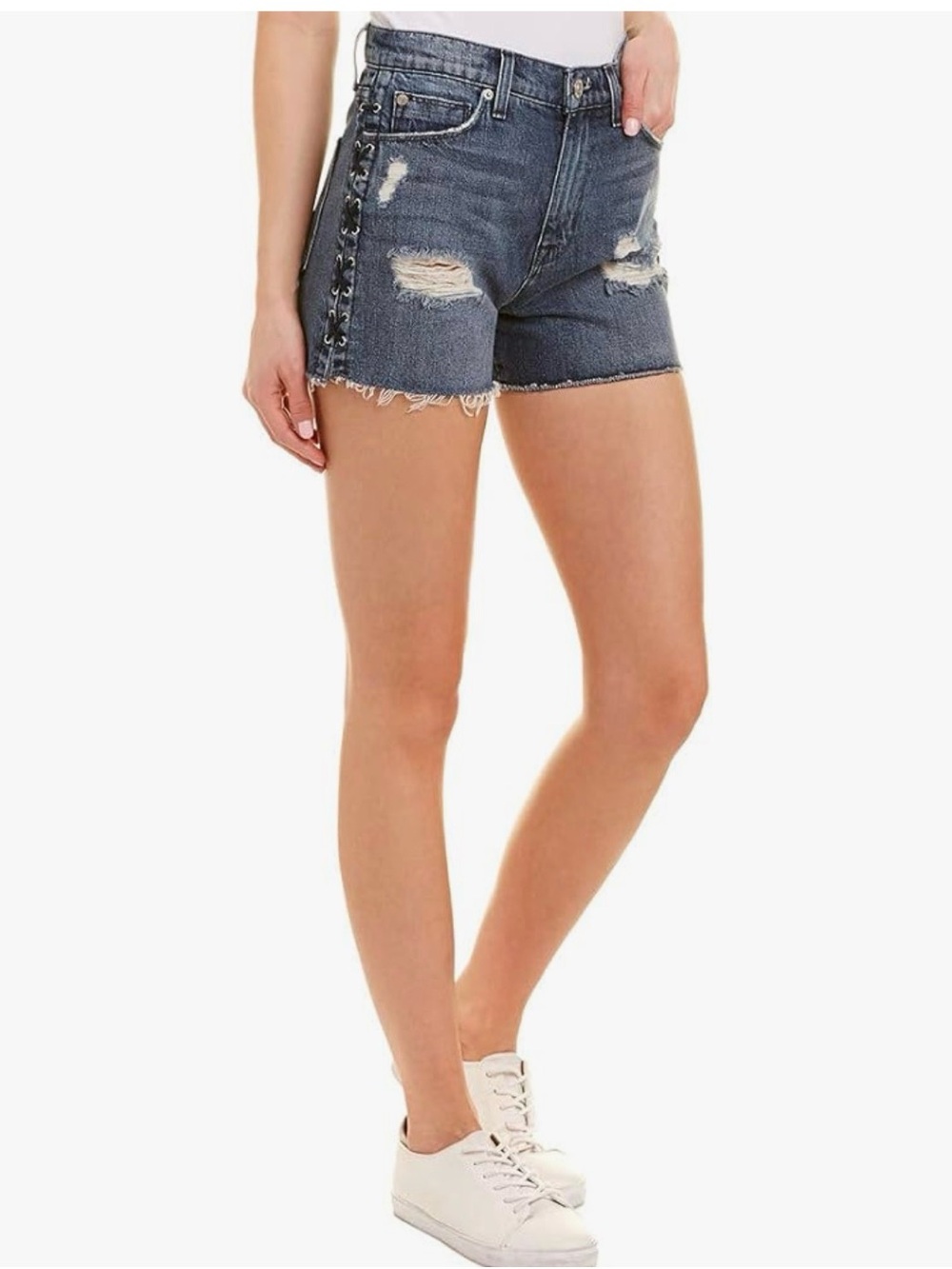 Hudson Lace-Up Distressed Denim Shorts Black Raw Hem Size 26